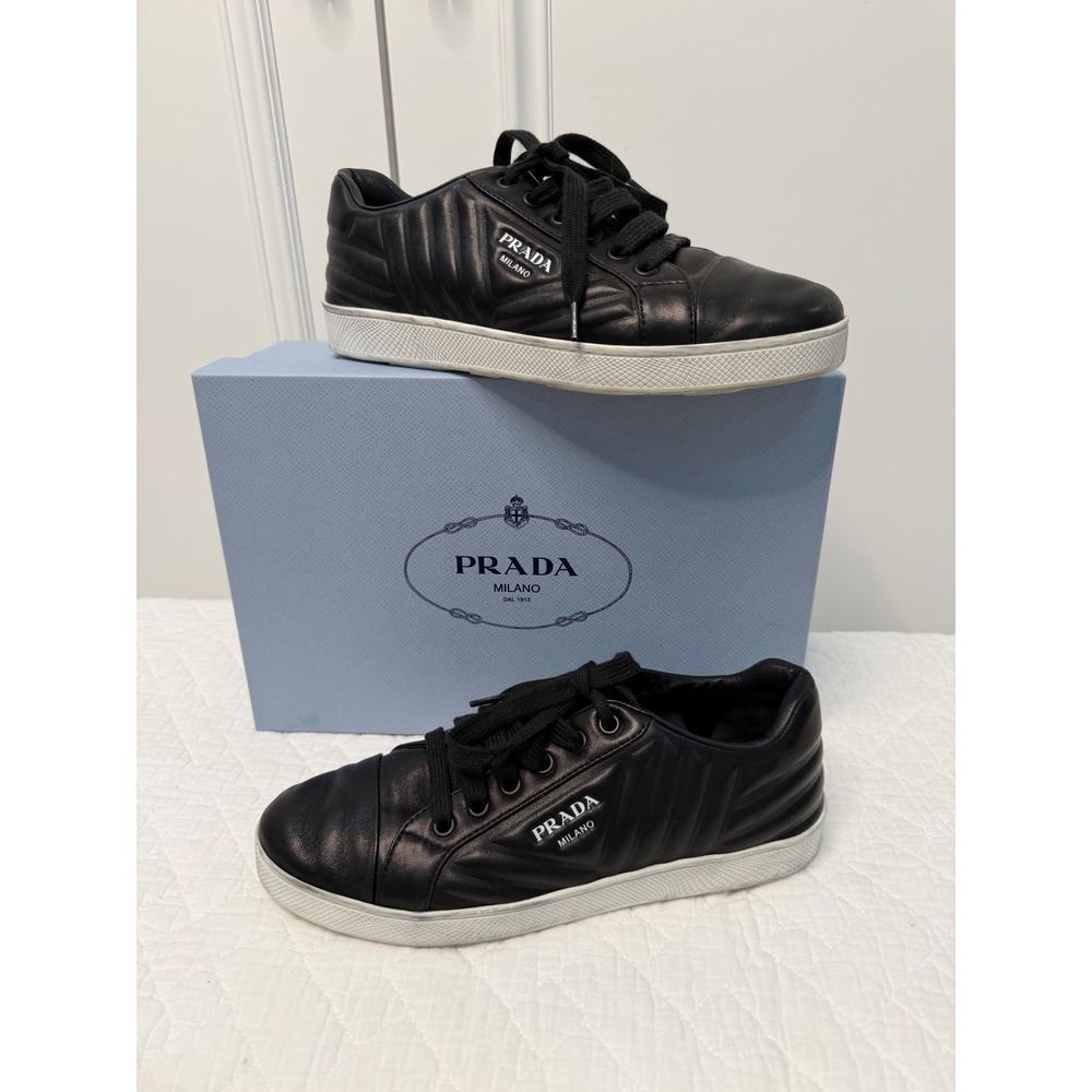 Prada Quilted Leather Sneakers Women 37.5 Black Excellent Low Top 949 Italy